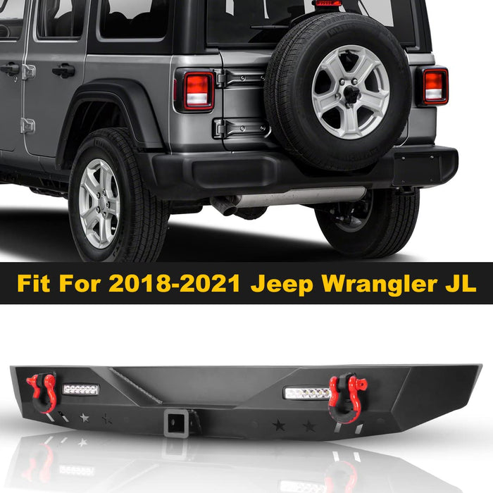 Rear Bumper with Hitch Receiver, LED Lights & D-Rings for 2018-2023 Jeep Wrangler JL/JLU - WOLFSTORM 