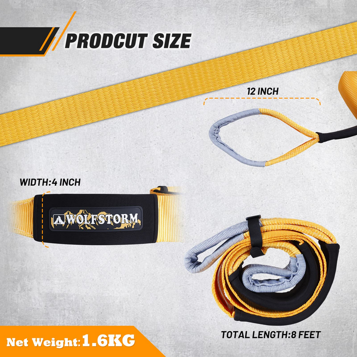 Recovery Tow Strap 4" x 8 ft, 41,800 lb Break Strength, Emergency Off Road Towing Straps